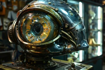 Poster - Metal steampunk robot head with large eye and wires, showcasing advanced surveillance in a futuristic setting
