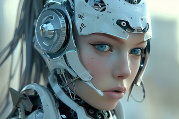 Poster - Portrait of a cyborg woman wearing futuristic headset, showcasing advanced technology in a sci fi setting