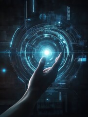 Poster - Touch the future by your hand. Virtual reality is touching to electronic display. Futuristic technologies of the future. Graphic concept for your design