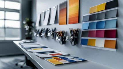 Poster - Creative mood board showcasing colorful product mockups in modern workspace design environment