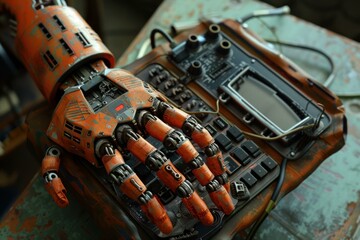 Poster - Close up of an orange robot hand interacting with a rusty vintage control panel, showcasing a blend of futuristic and retro technology