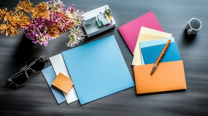 Poster - Creative flat lay of colorful typography samples and paper in a modern workspace environment