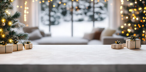 Wall Mural - empty white wold table top with abstract warm living room decor with christmas tree string light blu