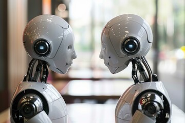 Poster - two white humanoid robots facing each other, showcasing advanced ai and futuristic technology