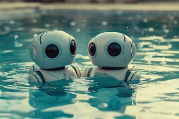 Poster - Two friendly robots enjoying a relaxing moment, floating together in a pool