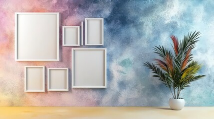 Aufkleber - Minimalist home decor artistic display of blank white frames on a pastel wall for modern aesthetic interiors