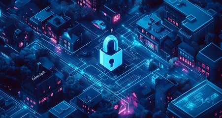 Poster - Cyber city at night with glowing padlock showing network security.