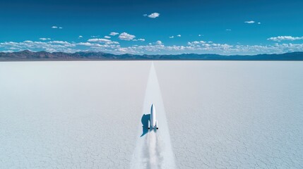 A rocket car breaking the sound barrier on a flat desert salt plain