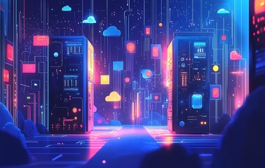 Poster - Futuristic server room with neon lights and cloud computing icons.
