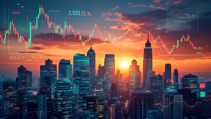 Wall Mural - financial crisis and market downturn graph overlay on city skyline with sunset backdrop, emphasizing