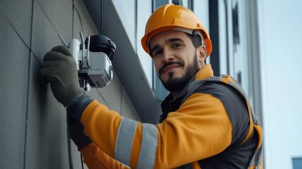 Poster - a technician repairing a high-tech security camera mounted on a building