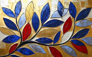 Poster - Abstract gold leaf art with blue, red, and silver leaves.