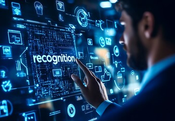 Aufkleber - man interacts with a futuristic holographic interface displaying the word 'recognition' and various 