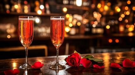 Wall Mural - Romantic Evening Celebration Champagne Glasses, Rose, and Petals on Bar with Blurry Lights