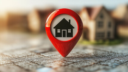 Poster - Red location marker with house icon on map. Location marker pin with house icon on a map