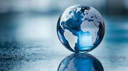 Poster - Glass globe with world map on reflective surface. Glass globe with world map. Globe on a reflective surface