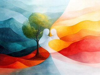 Poster - surreal gemini painting of twin figures merging in a dreamlike landscape abstract art colorful envir