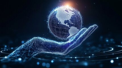 Poster - Digital globe in hand technology. Hand holding digital globe with network connection. Digital hand holding globe