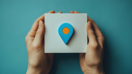 Poster - Location pin held in hands on white square. Location marker is blue with orange circle on blue background