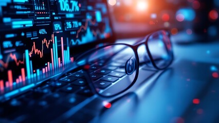 Wall Mural - financial charts and data overlay on a blurry background of glasses and a keyboard, showcasing a mod