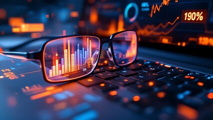 Wall Mural - financial charts and data overlay on a blurry background of glasses and a keyboard, showcasing a mod