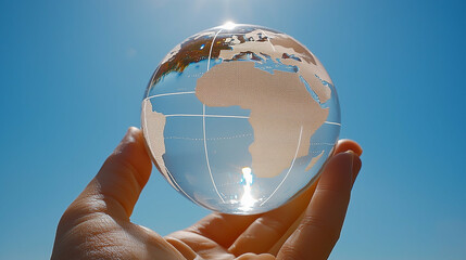 Poster - Glass globe held in hand against blue sky. World globe in hand. Glass globe with continents