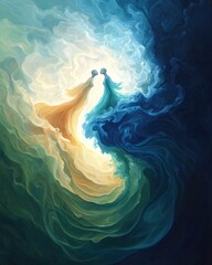 Poster - Surreal twin figures merging in dreamlike landscape abstract painting ethereal environment artistic viewpoint