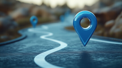 Poster - Map pin marker on winding road location with blurred nature background