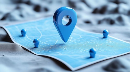 Poster - Blue map marker on a map with other markers. Map with blue map markers on a textured surface
