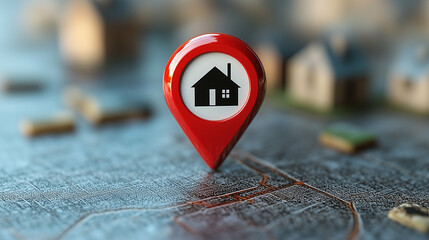 Poster - Map marker with property icon on location pin. Location pin with house icon on map. Red map marker with house icon