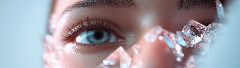 Poster - Delicate light patterns and abstract shapes illuminate the subject's face through fragmented reflections created by crystals. This artistic approach captivates with a dreamy quality