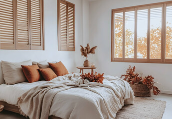 Wall Mural - 
A minimalist bedroom with white walls, wooden shutters on the windows, and a large bed adorned in soft beige linen. The room is filled with warm tones from orange pillows and a brown rug.