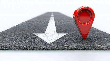 Poster - Red location pin on road with arrow. Location pin on asphalt road with white arrow pointing forward