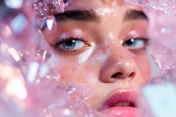 Poster - This creative portrait showcases a subject's face surrounded by shards of crystals, reflecting vibrant patterns and light, creating an abstract, captivating effect
