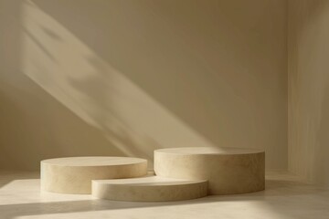 Poster - sunlight illuminating empty cylinder podiums in minimalist room, perfect for showcasing products