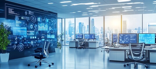 Poster -  A high-tech office setup with interactive displays