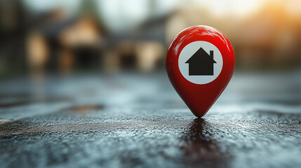 Poster - Red location marker with home icon on wet surface. Location marker with house icon on a blurred background