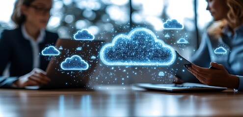 Poster - Two businesswomen using laptops and tablets with glowing cloud computing network graphic.
