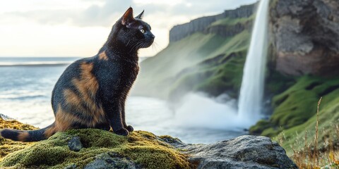 Wall Mural - Majestic Black Cat in Front of Stunning Waterfall and Lush Green Landscape, Nature Wonder, Feline Beauty, Tranquil Scenery, Serene Environment, Wildlife