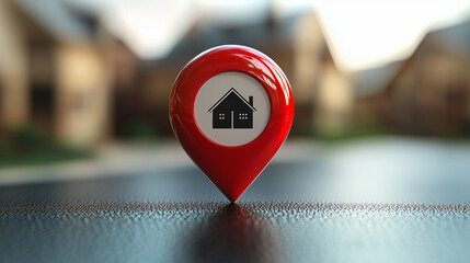 Poster - Red house pin icon on a surface. House location pin with house icon