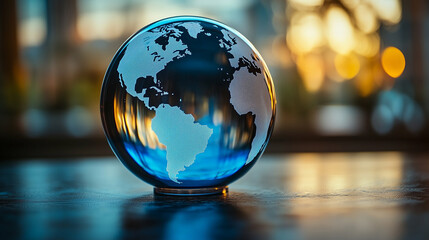 Poster - Glass globe on table with blurred background. Globe with world map on table. Glass globe showing continents