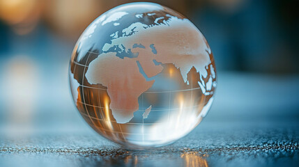 Poster - Glass globe on a reflective surface. Glass globe showing world map. Glass globe with continents on a reflective surface
