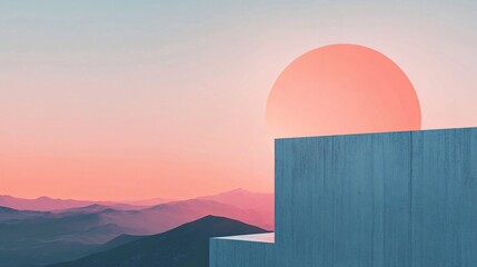 Canvas Print - Abstract image of a minimalist concrete structure under a large coral sun, overlooking a mountain range at sunset