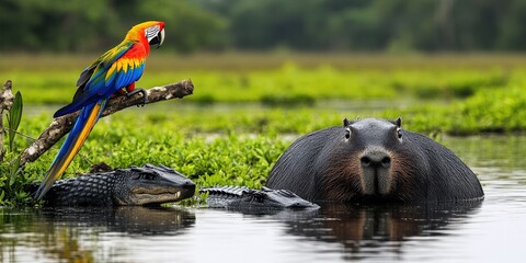 Canvas Print - Colorful Macaw, Calm Hippo, and Stealthy Alligator in Lush Jungle Wetland Habitat: Vibrant Wildlife of Rainforest and Diverse Animal Kingdom Coexistence