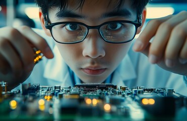 Poster - Close-up of a focused engineer meticulously working on a circuit board.