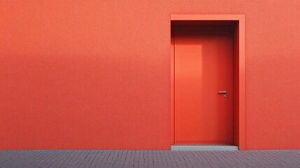 Wall Mural - Red door is standing in front of a red wall. The door is open and the wall is painted in a bright red color. The scene gives off a warm and inviting feeling