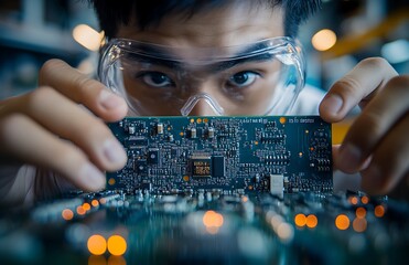 Poster - Close-up of a technician meticulously examining a circuit board.
