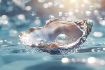 Wall Mural - The open oyster showcases a radiant pearl, softly lit by golden rays filtering through clear water, while ethereal bubbles rise around it, creating a serene underwater atmosphere