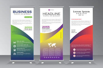 Wall Mural - Roll up banner design tempalte set for business events, annual conferance, welcome, meetings, presentations, marketing, promotions, with green, yellow, and red color, print ready vetical banner