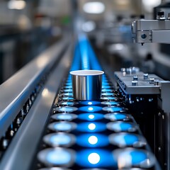 Poster - Single metallic cup on automated production line.
